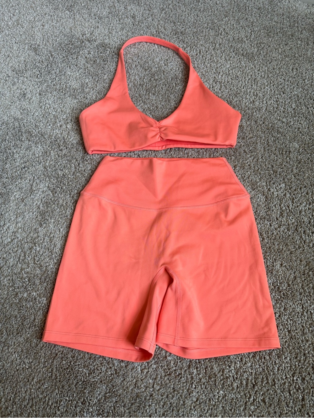 CSB Set: Serenity “Guava” Coral Biker Shorts + Clara Crop Bra, Small